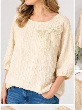Joh Apparel XS Cream Textured Pearl Bow 3/4 Sleeve Blouse